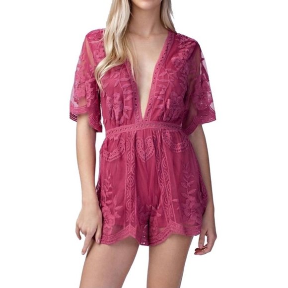 HONEY PUNCH Raspberry Lace Romper - Picture 1 of 7